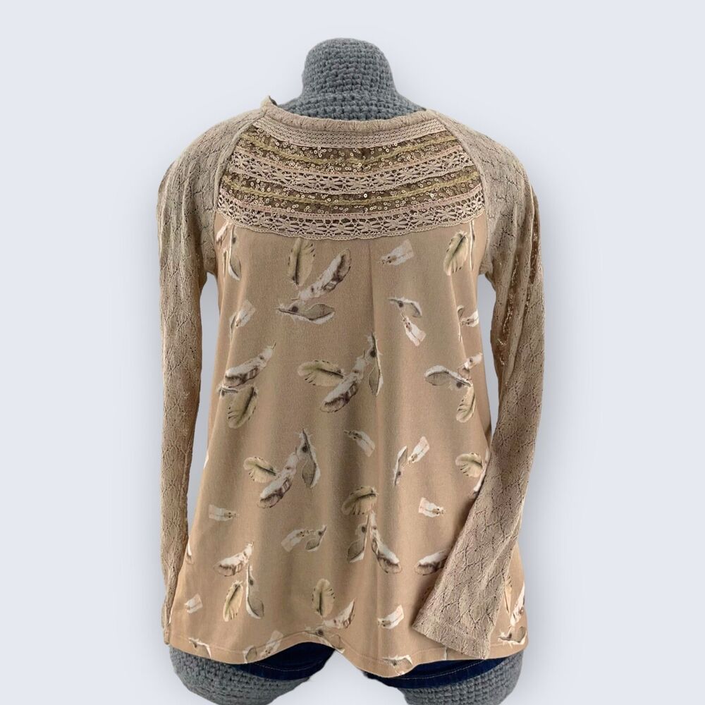 One September Aves Cream & Tan Brown Feathers Sequined Lace Long Sleeve Tee S